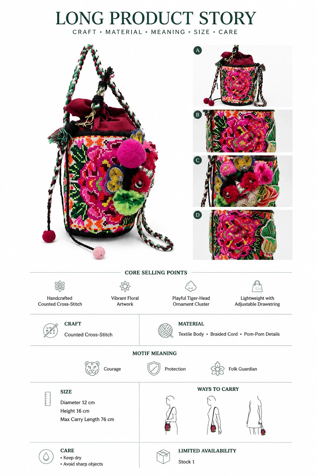 Hand-Embroidered Tiger Head Bucket Bag – product details 10