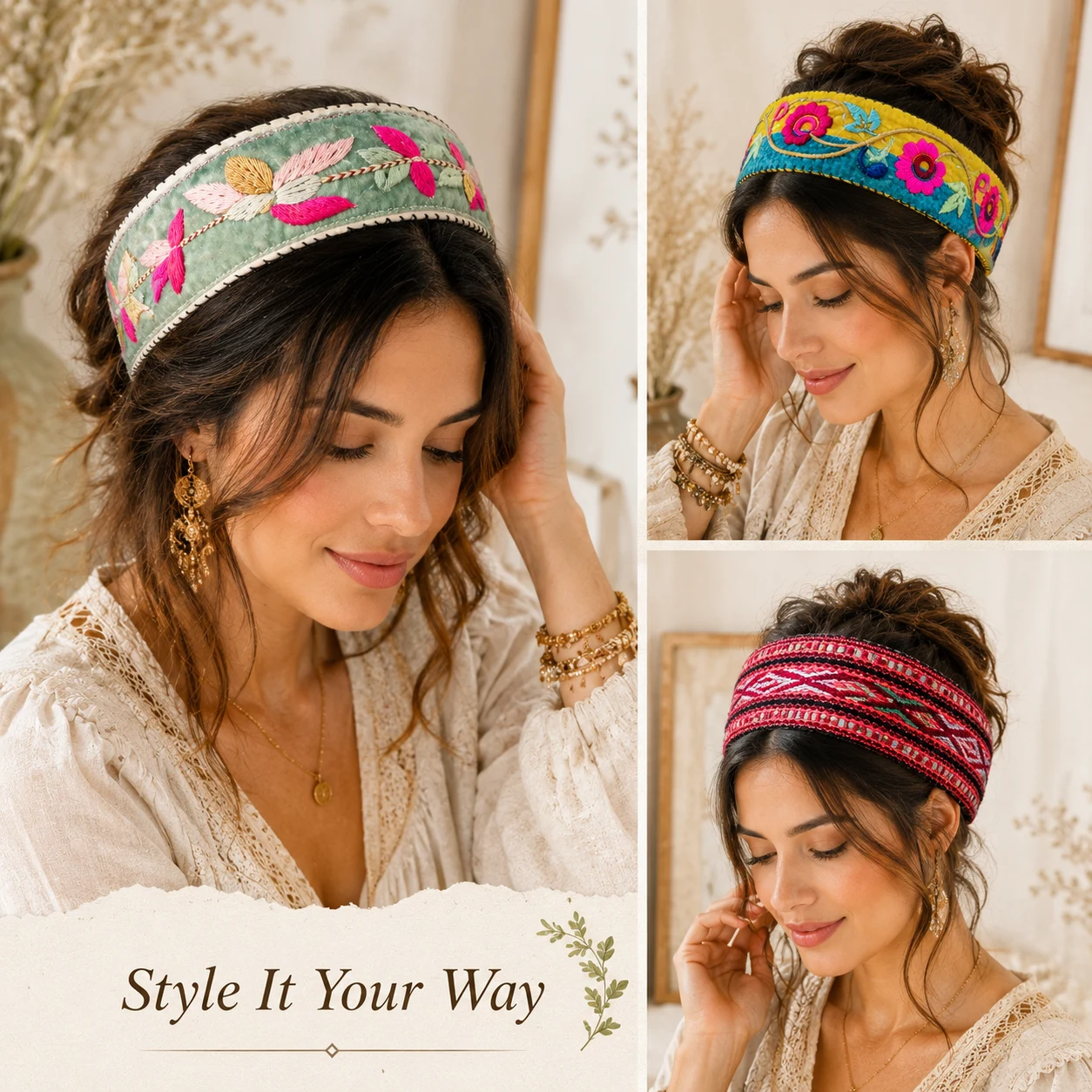 Embroidered hairband styled in a modern daily outfit