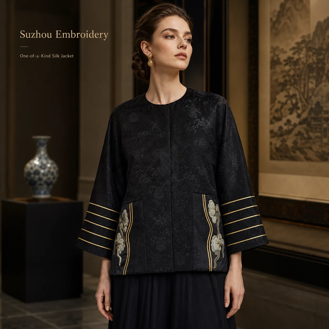 One-of-a-Kind Tiger Su Embroidery Silk Jacket – handcrafted textile detail and full product view