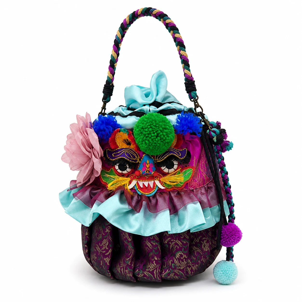 Silk Guardian Tiger Head Drawstring Bag – handcrafted textile detail and full product view