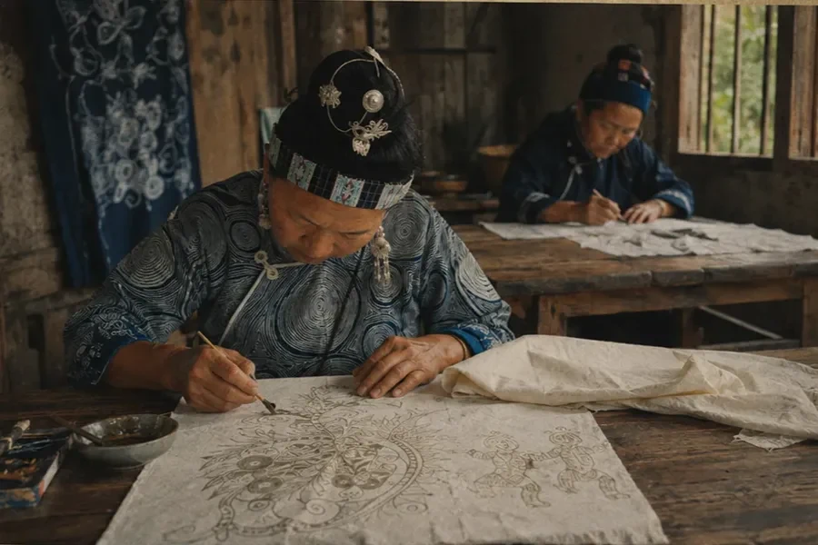 Artisans drawing the batik composition directly on cloth