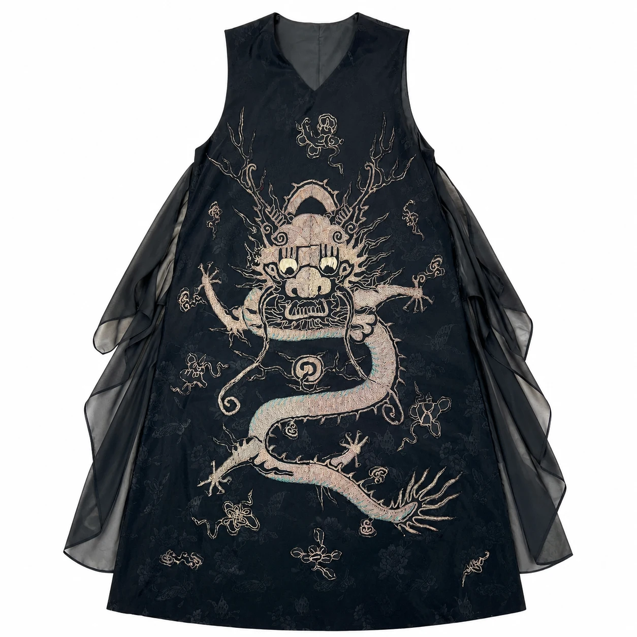 One-of-a-Kind Black Veil Gold Couching Dragon Silk Long Vest – handcrafted textile detail and full product view