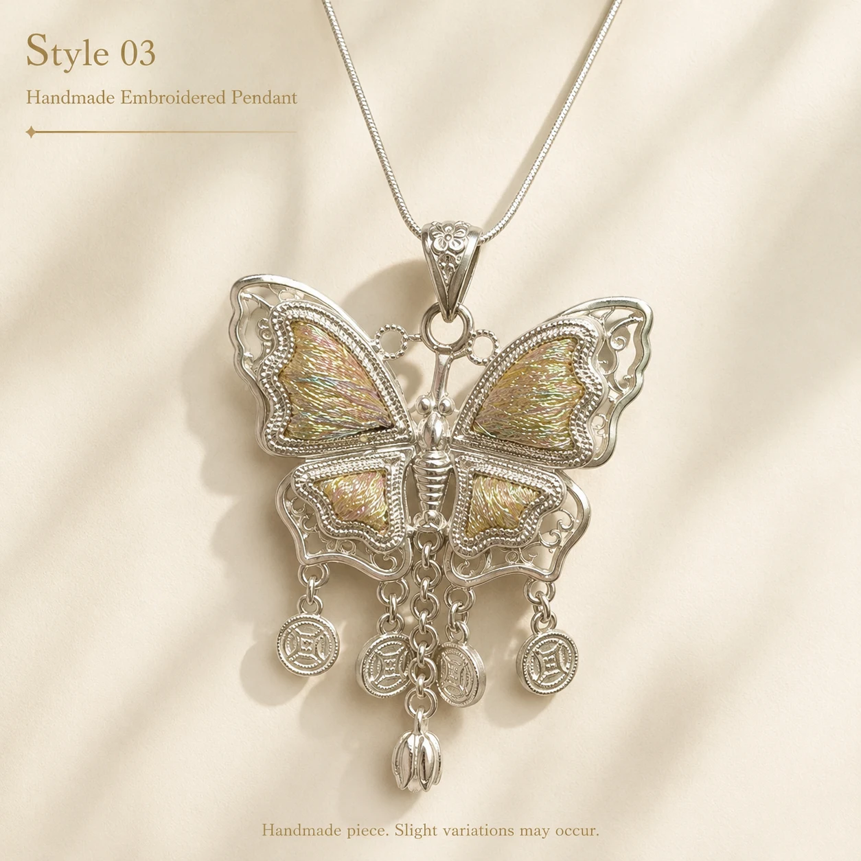 Butterfly pendant necklace inspired by embroidery jewelry styling