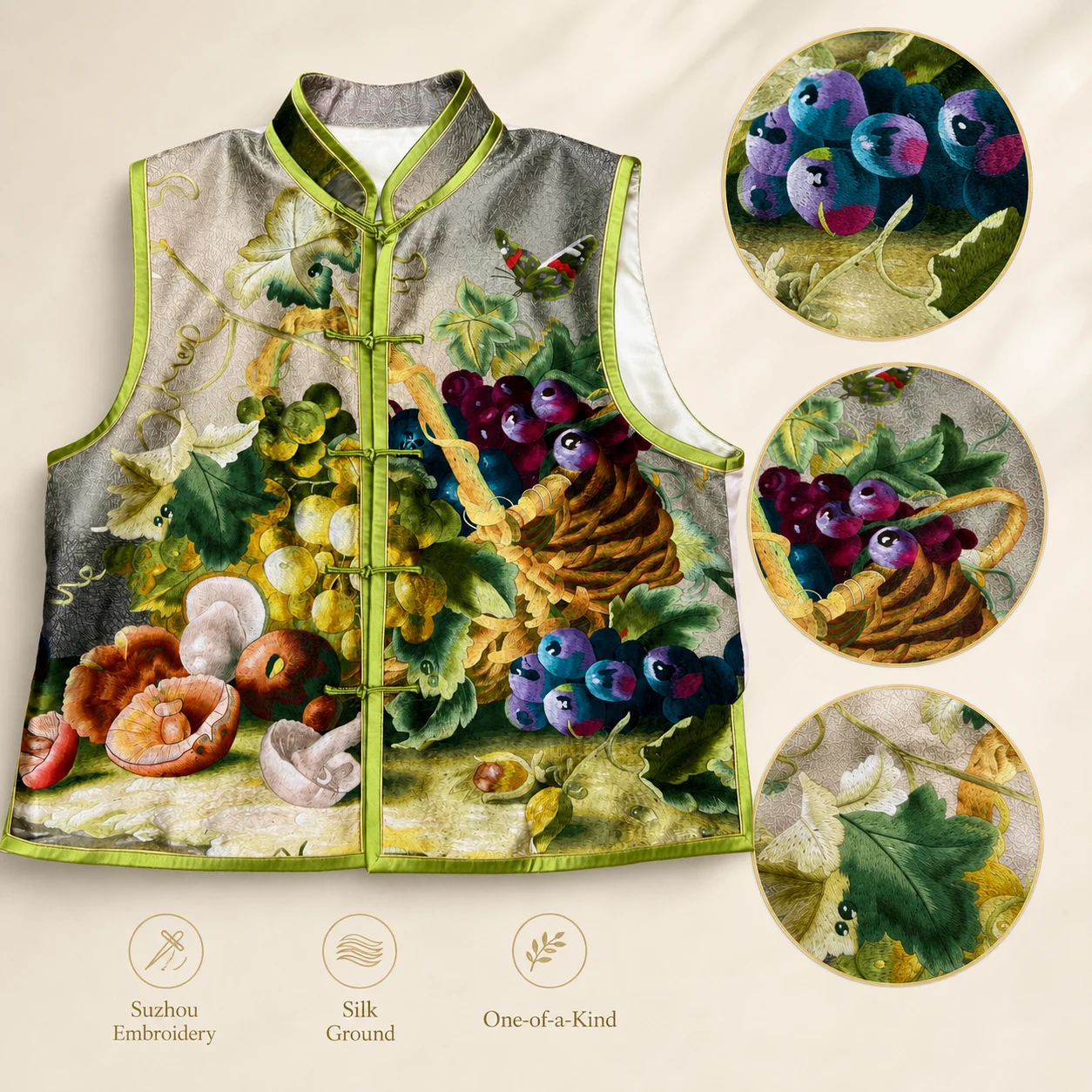One-of-a-Kind Su Embroidery Harvest Basket Silk Vest – product view 3