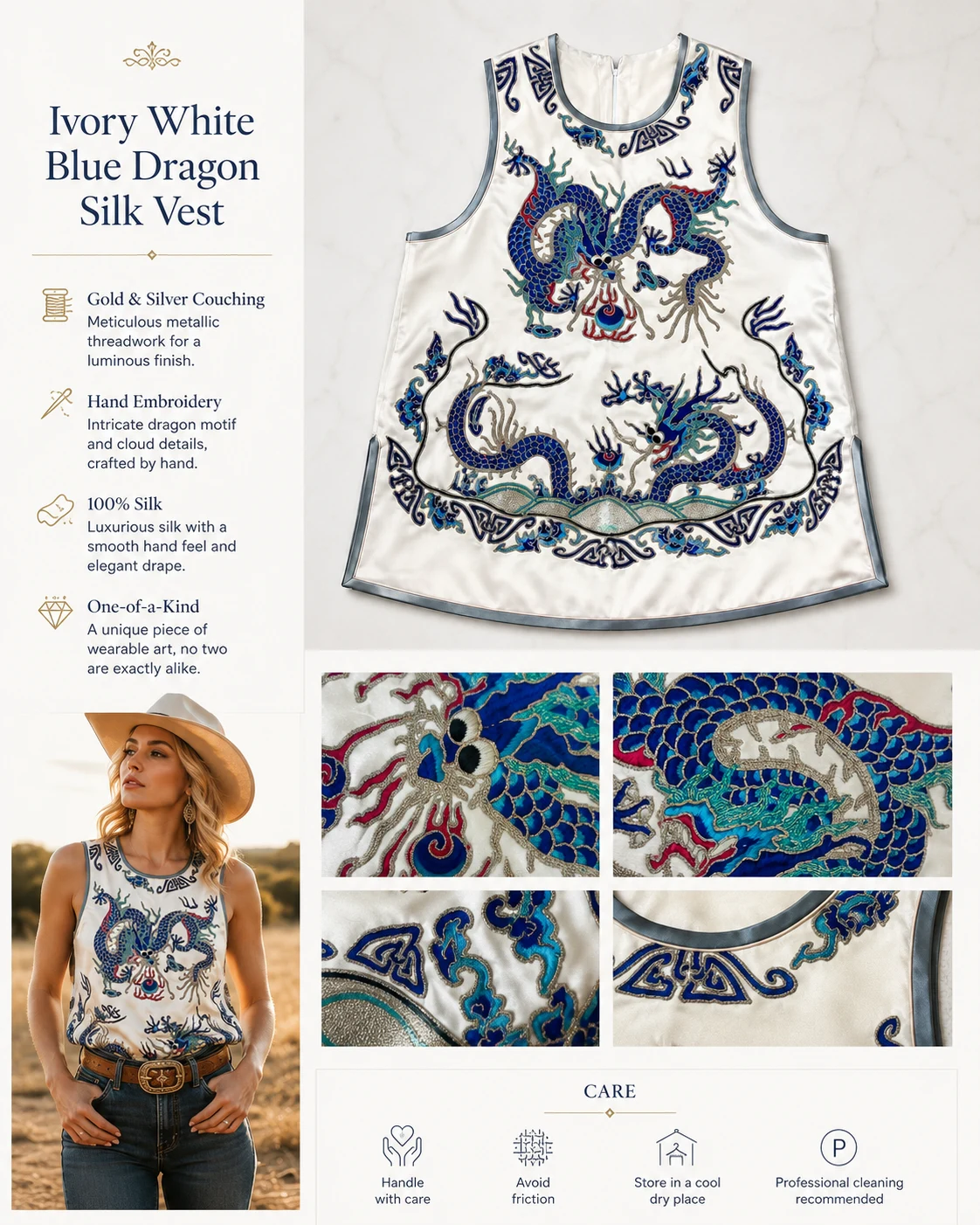 One-of-a-Kind Ivory Blue Dragon Gold Couching Silk Vest – product details 10