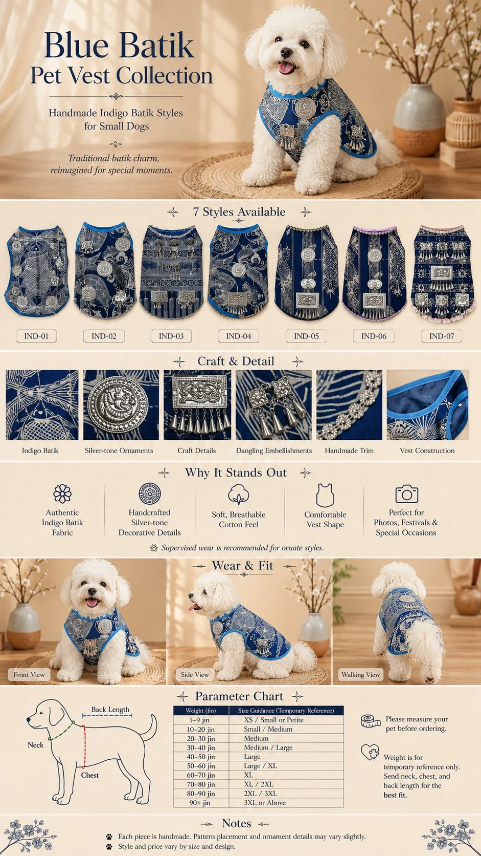 Handmade Indigo Batik Dog Outfit – Silver-Tone Details, 7 Styles, Custom Sizing — full product details