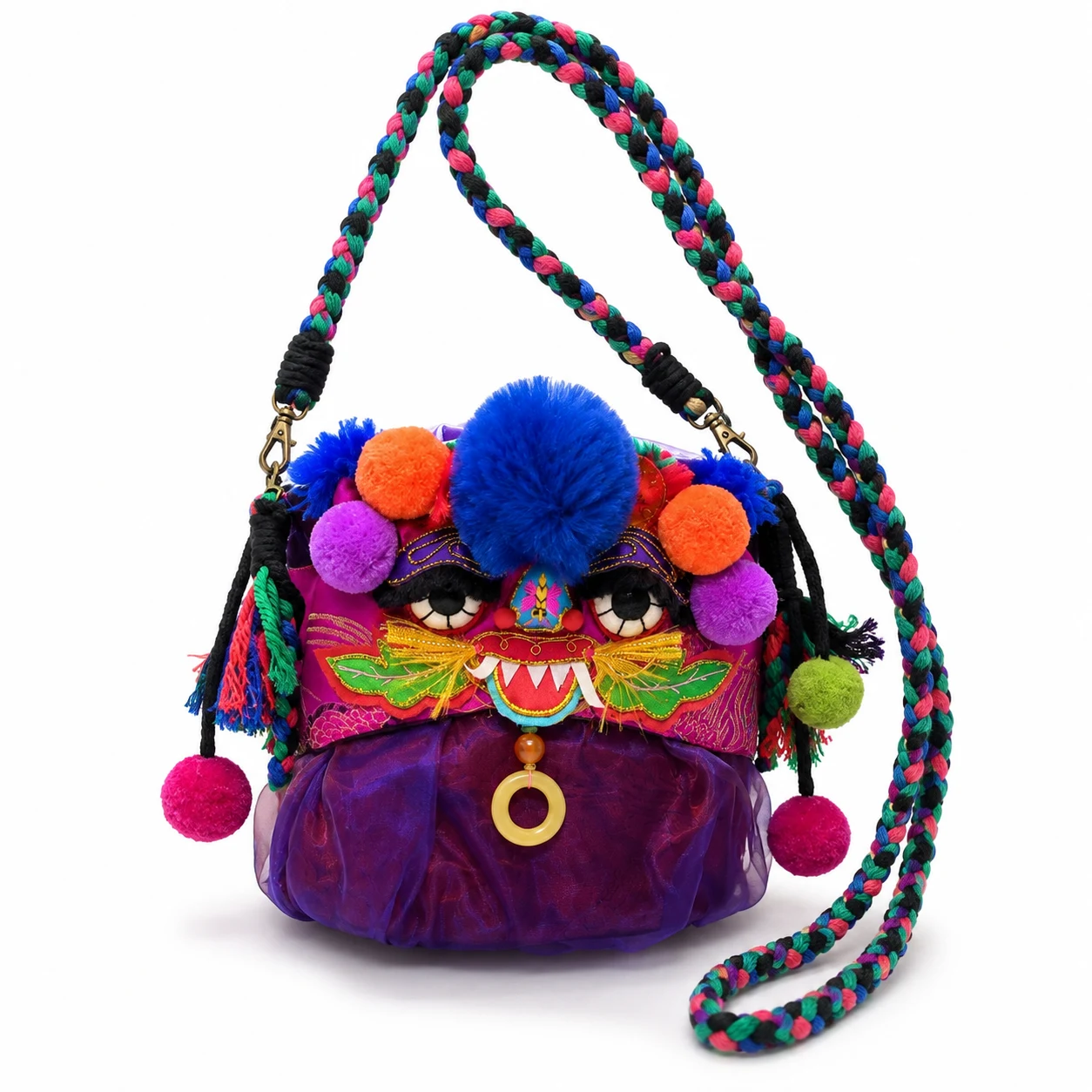 Silk Guardian Tiger Head Crossbody Bag – handcrafted textile detail and full product view