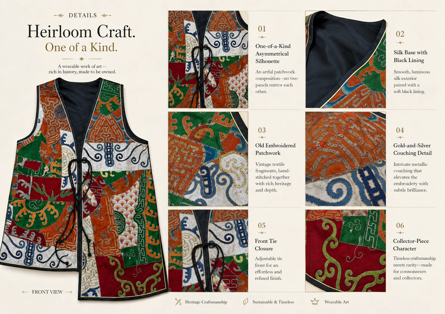 One-of-a-Kind Asymmetric Gold & Silver Embroidered Silk Vest – product details 10