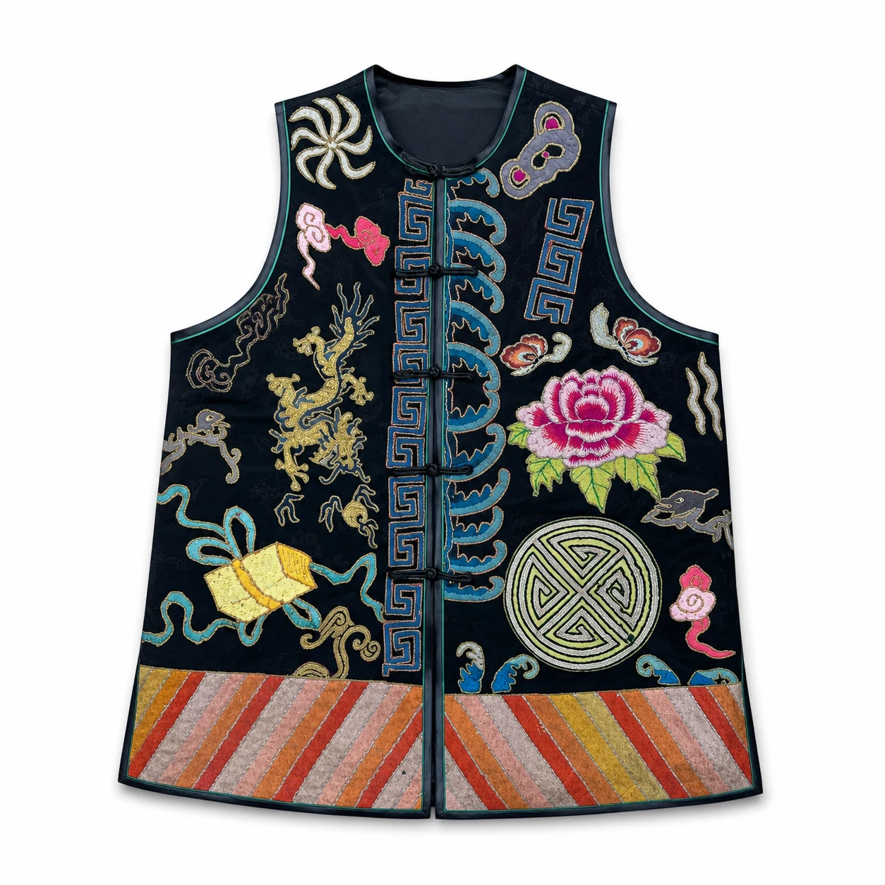 One-of-a-Kind Mixed-Technique Auspicious Motif Silk Vest – handcrafted textile detail and full product view