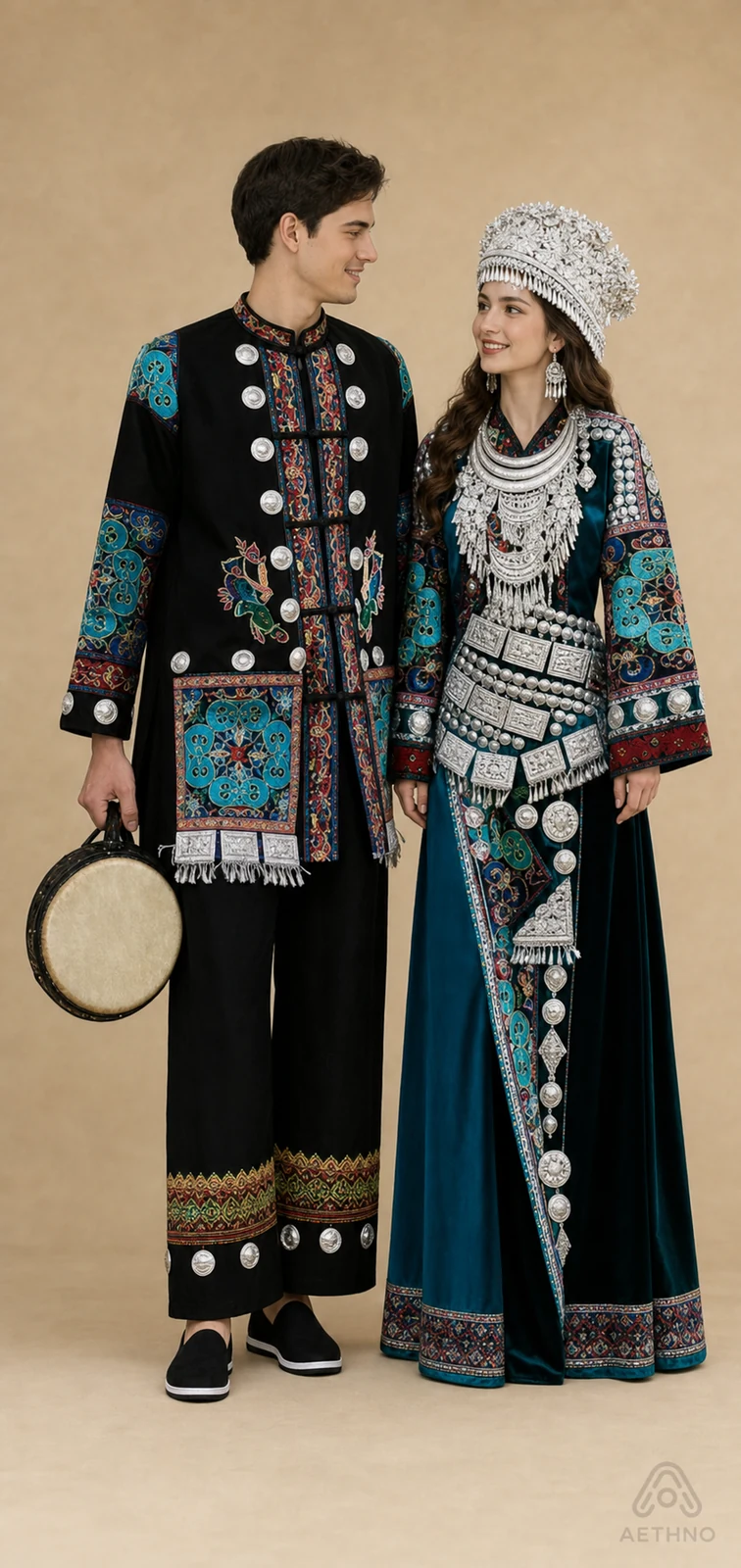 AETHNO Miao-Inspired Embroidered Couple Outfit Set - Look 30