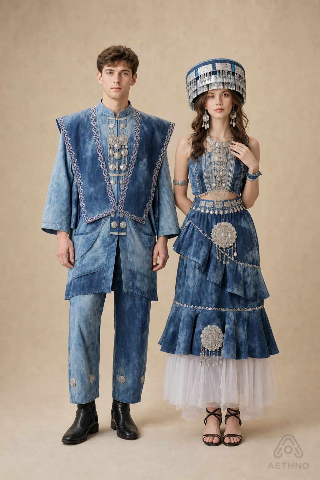 AETHNO Miao-Inspired Embroidered Couple Outfit Set - Look 35