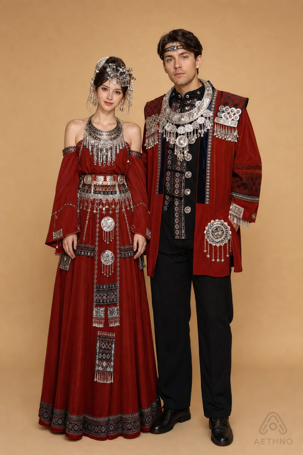 AETHNO Miao-Inspired Embroidered Couple Outfit Set - Look 88