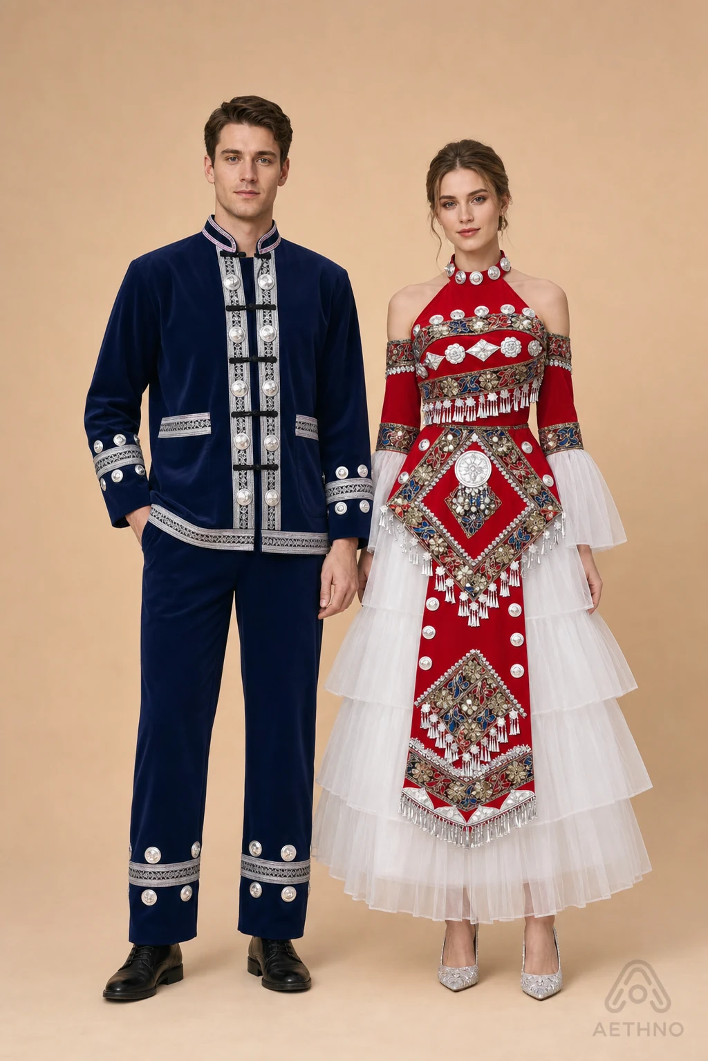 AETHNO Miao-Inspired Embroidered Couple Outfit Set - Look 336
